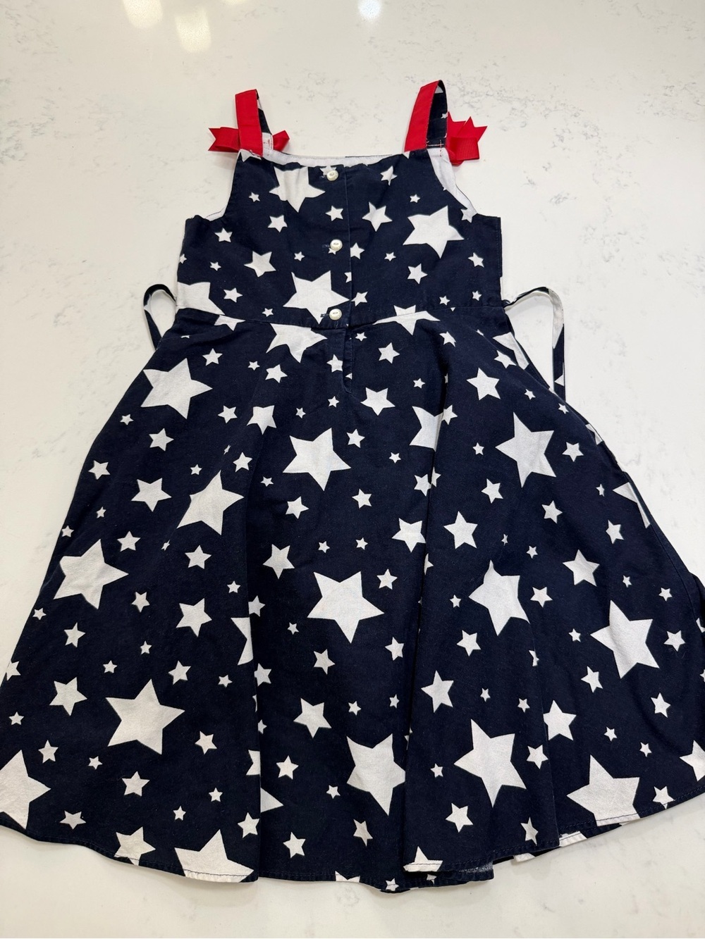 Jessica Ann Navy Star Print Dress with Red Strap Bows